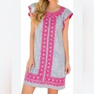 THML blue and white striped mini dress featuring bright pink embroidered detail